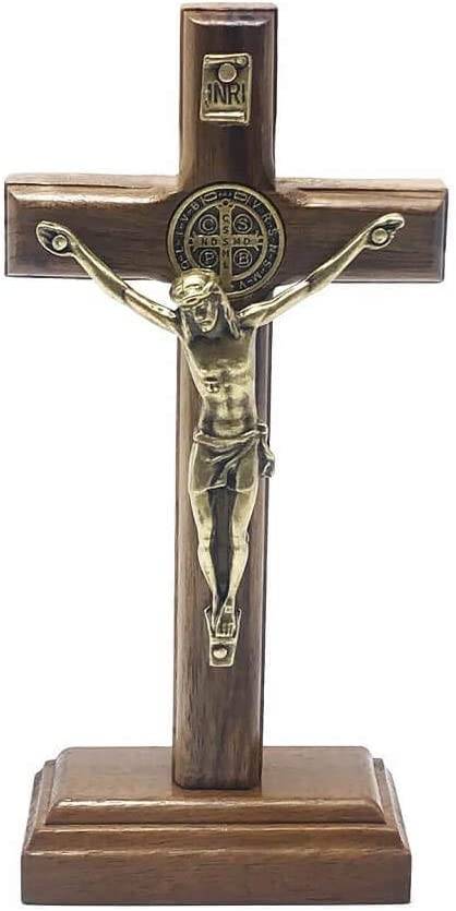Crucifixo de Parede e Mesa Cristo Metal São Bento Dourado 12 cm