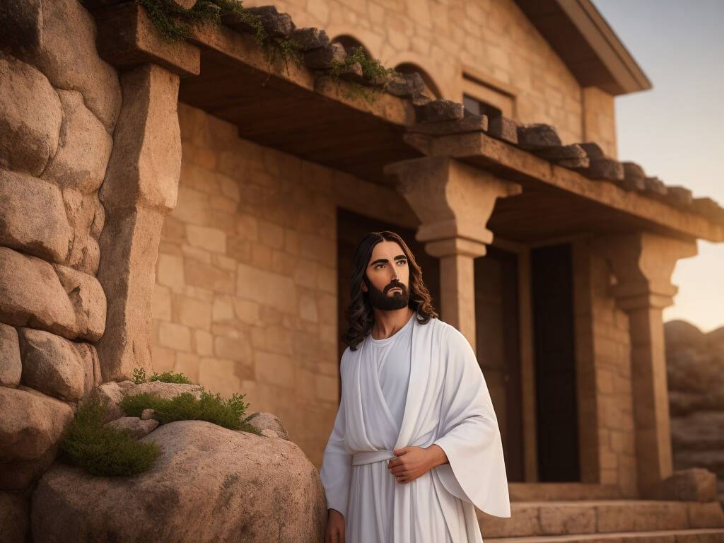 jesus christ in front of a house built on a rock