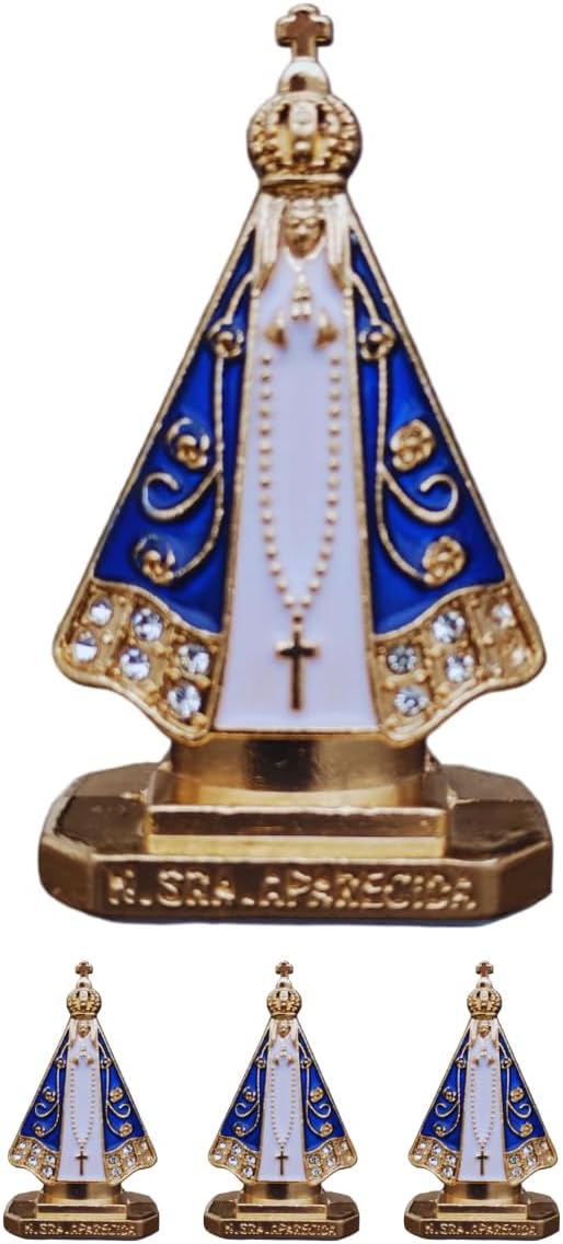 Kit 4 Miniatura Imagem Nossa Senhora Aparecida Para Painel de Carro Metal Dourada Com Strass Autocolante 5cm (Dourado Branco)
