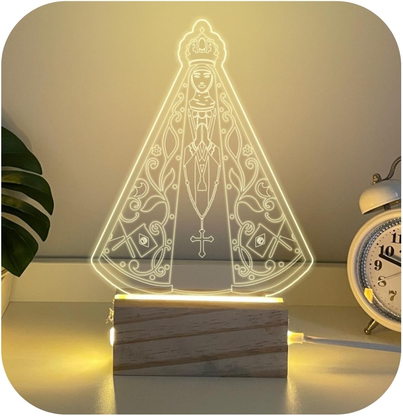 Luminária Abajur de Mesa Em Madeira Nossa Senhora Aparecida Led Acrílico Luxo Quarto Decorativo (Branco Quente)
